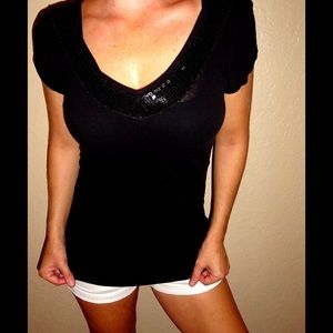 LOL Cotton black cozy style sequin rhinestone tee shirt top